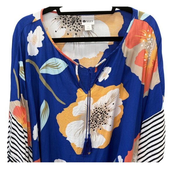 Stylus Womens Floral Stripe Asymmetrical Hem Kimono Sleeve Top 2X Boho Flowy - Picture 2 of 7